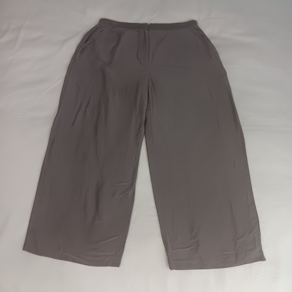Eileen Fisher Crop‎ Linen Silk Textured Green Gray Sz 30 x 24 Wide Leg Lagenlook